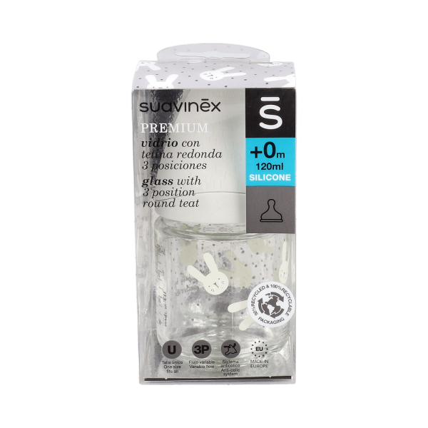 Suavinex glass with 3 position round teat +0m silicone 120ml