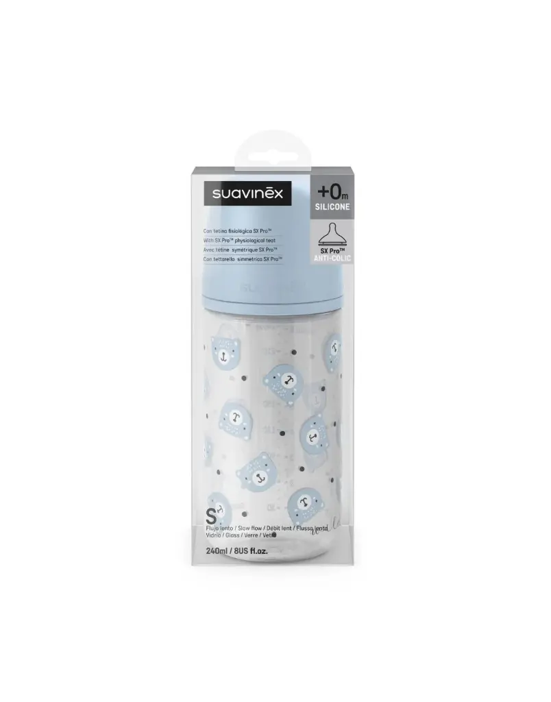Suavinex glass with 3 positions + silicone sleeve 240ml 0+m blu