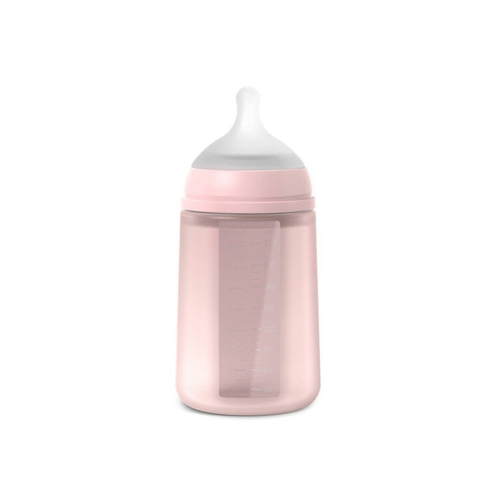 Suavinex glass with 3 positions + silicone sleeve 240ml 0+m roz