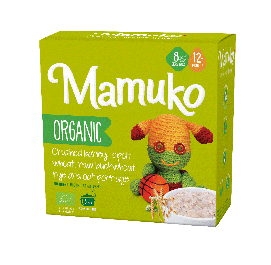 MAMUKO ORGANIC CRUSHED BARLEY, SPELT WHEAT, RAW BUCKWHEAT, RYE & OAT PORRIDGE 12+ 200g