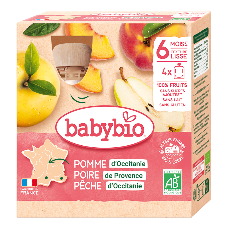 Babybio Apple, Pear & Peach Pouch +6months 4x90gr