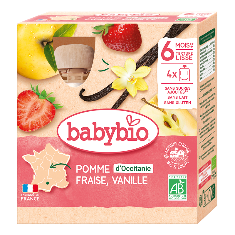 Babybio Apple, Strawberry & Vanilla Pouch +6months 4x90gr