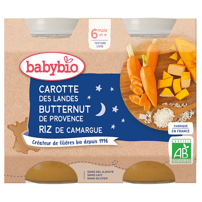 Babybio Good Night Carrot Butternut Squash Rice Jar+6months 2x200gr