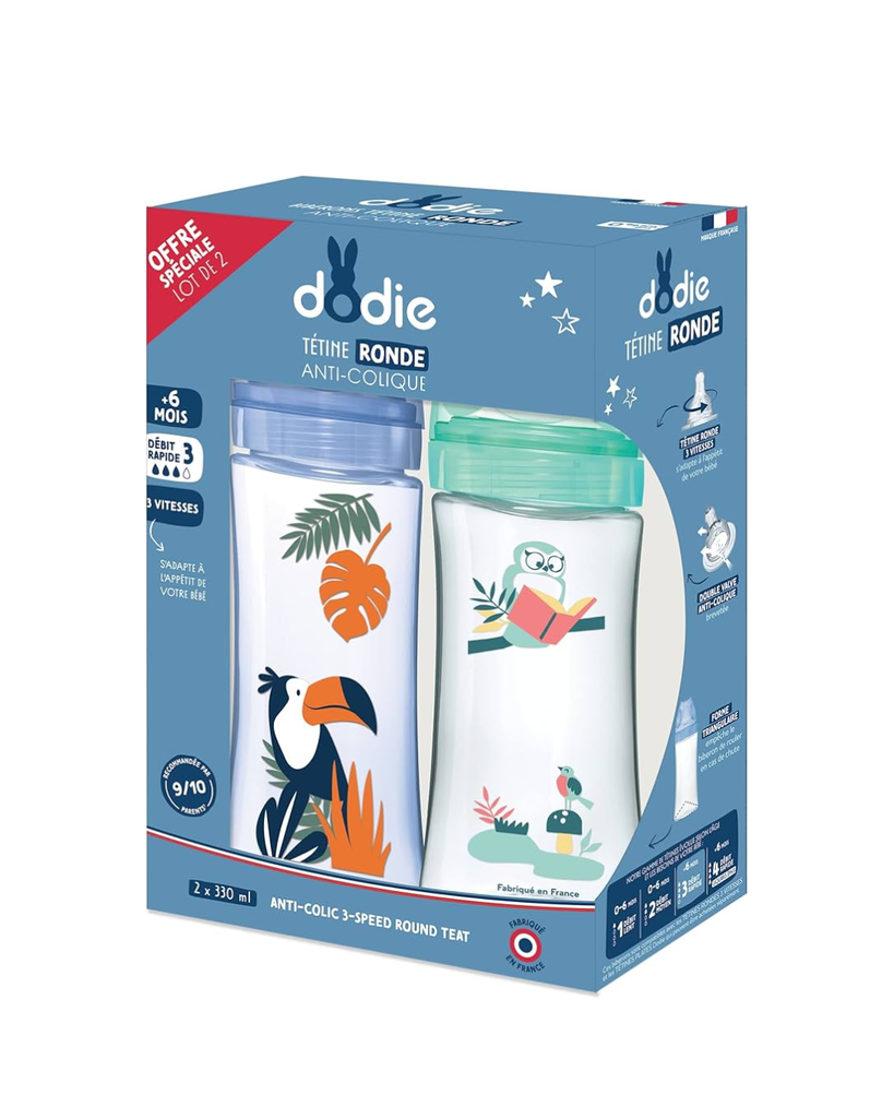 Dodie KIT 2x330ml 1x Blue 330ml 1x Green +6 months Round Teat  3 Speeds Flow 3