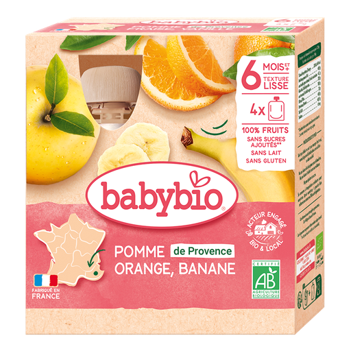 [54017] Babybio Apple, Orange & Banana Pouch +6months 4x90gr