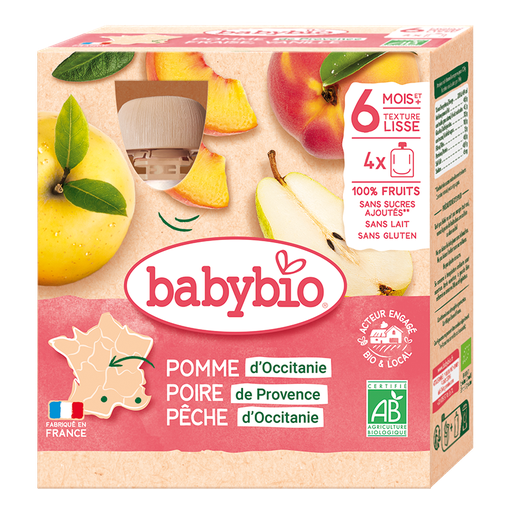 [54011] Babybio Apple, Pear & Peach Pouch +6months 4x90gr