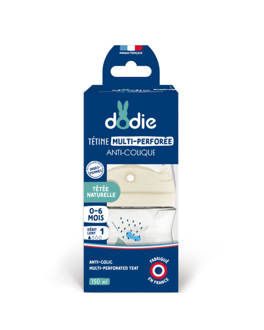 Dodie Bottle Extra Anti-colic – 150ml – BLUE – 0-6 month – biomimicry teat slow flow 1