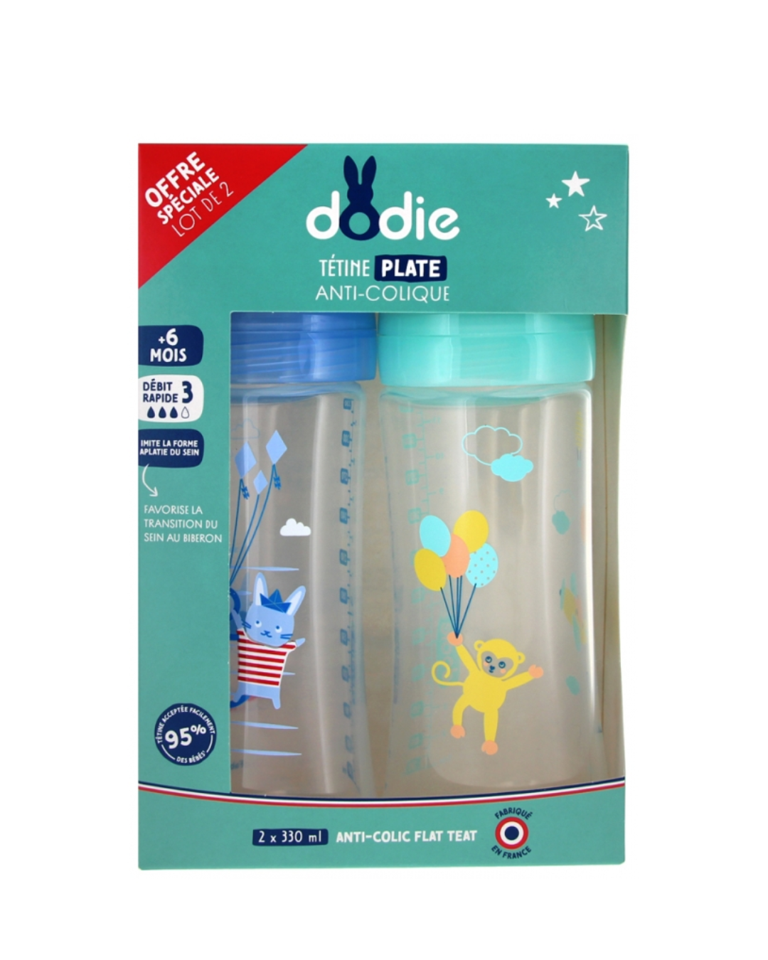 Dodie Kit x2 Bottles Sensation+ Anti-colic 330ml SEA flat Teat flow 3