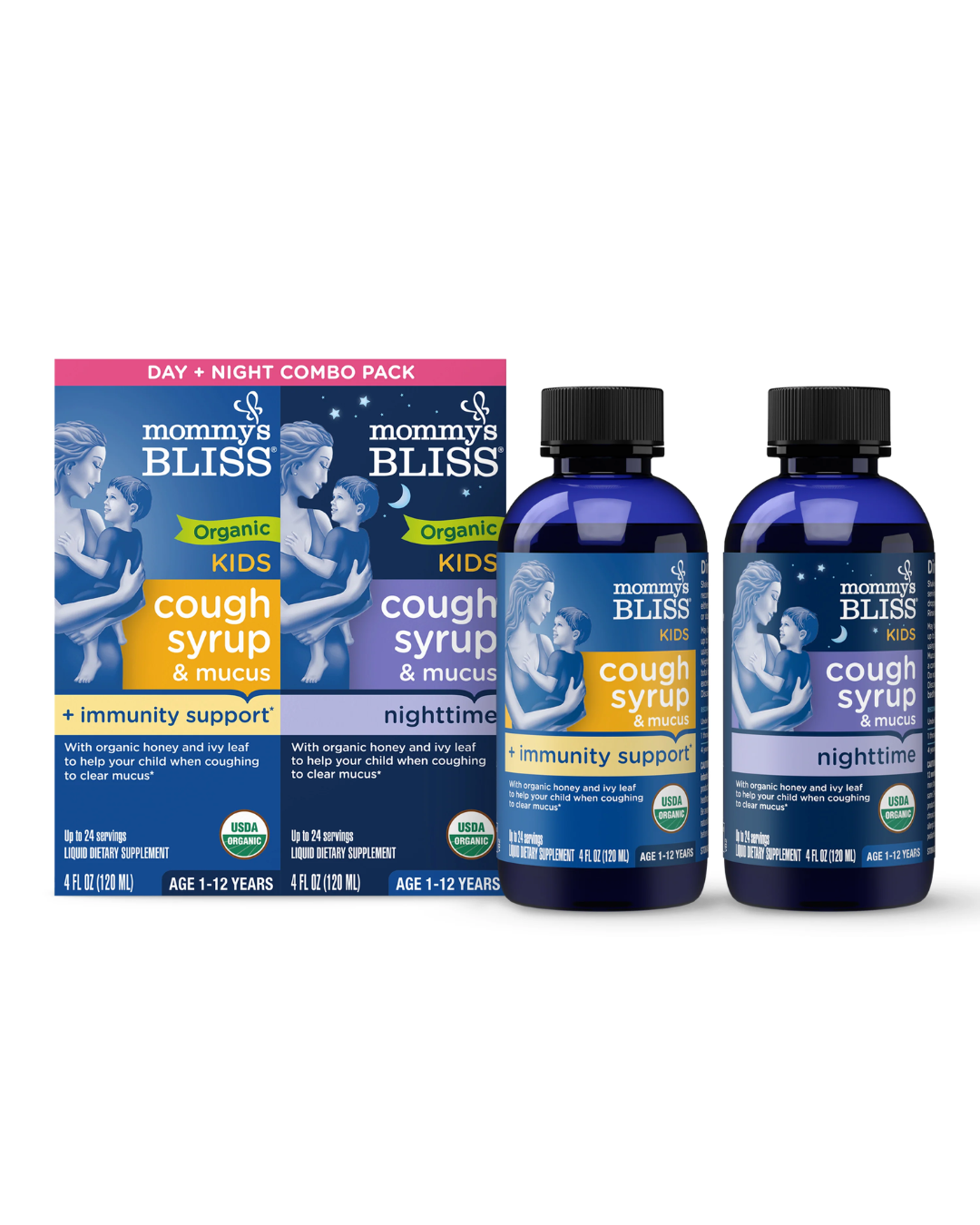 Mommys Bliss Organic Kids  Cough Syrup & Mucus Relief + Immunity Boost Day/Night